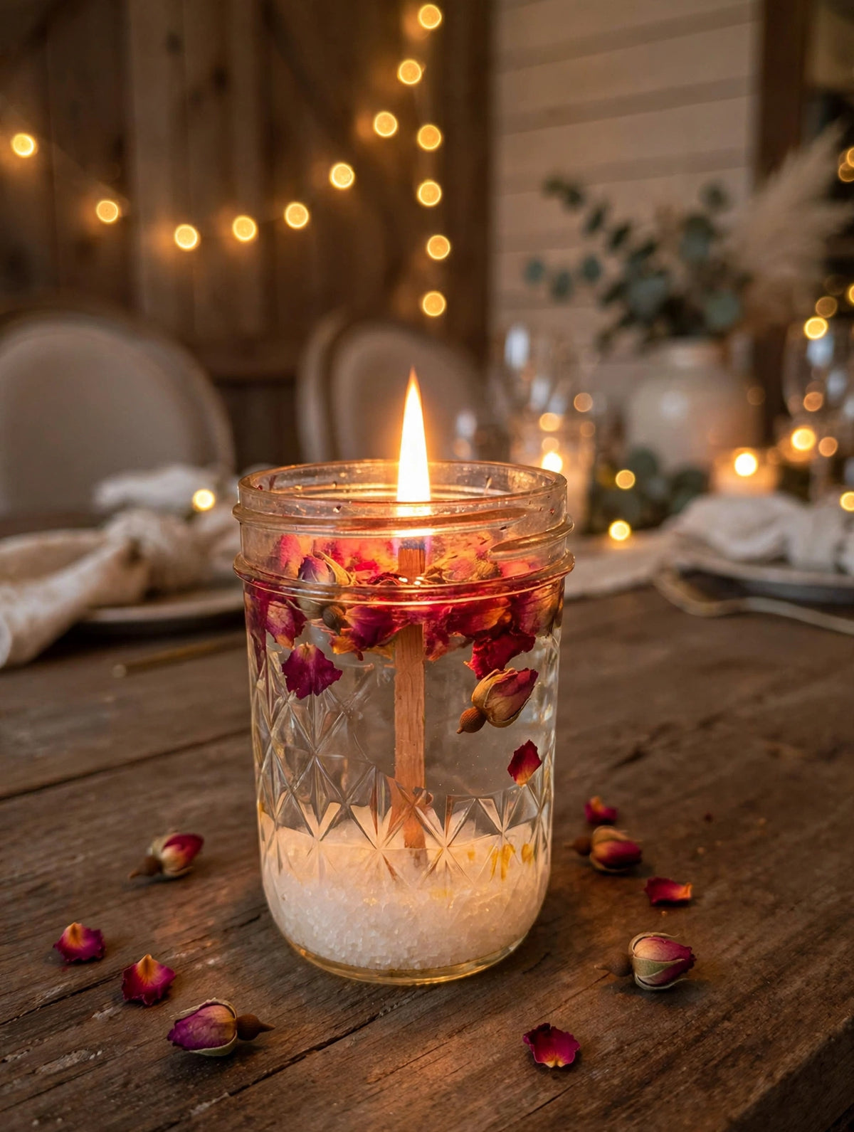 Handmade Rose Petal Water Candle - Floating Candle in Vintage Cut Mason Jar - Cozy Table Centerpiece