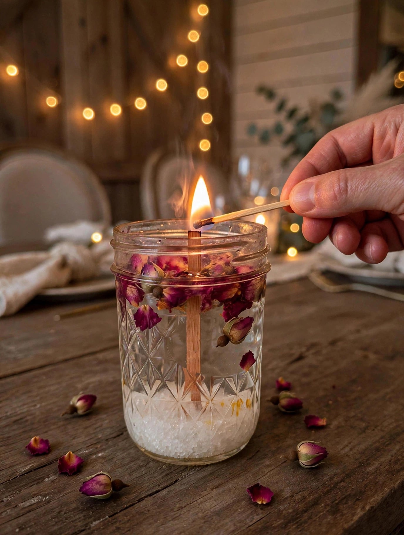 Handmade Rose Petal Water Candle - Floating Candle in Vintage Cut Mason Jar - Cozy Table Centerpiece