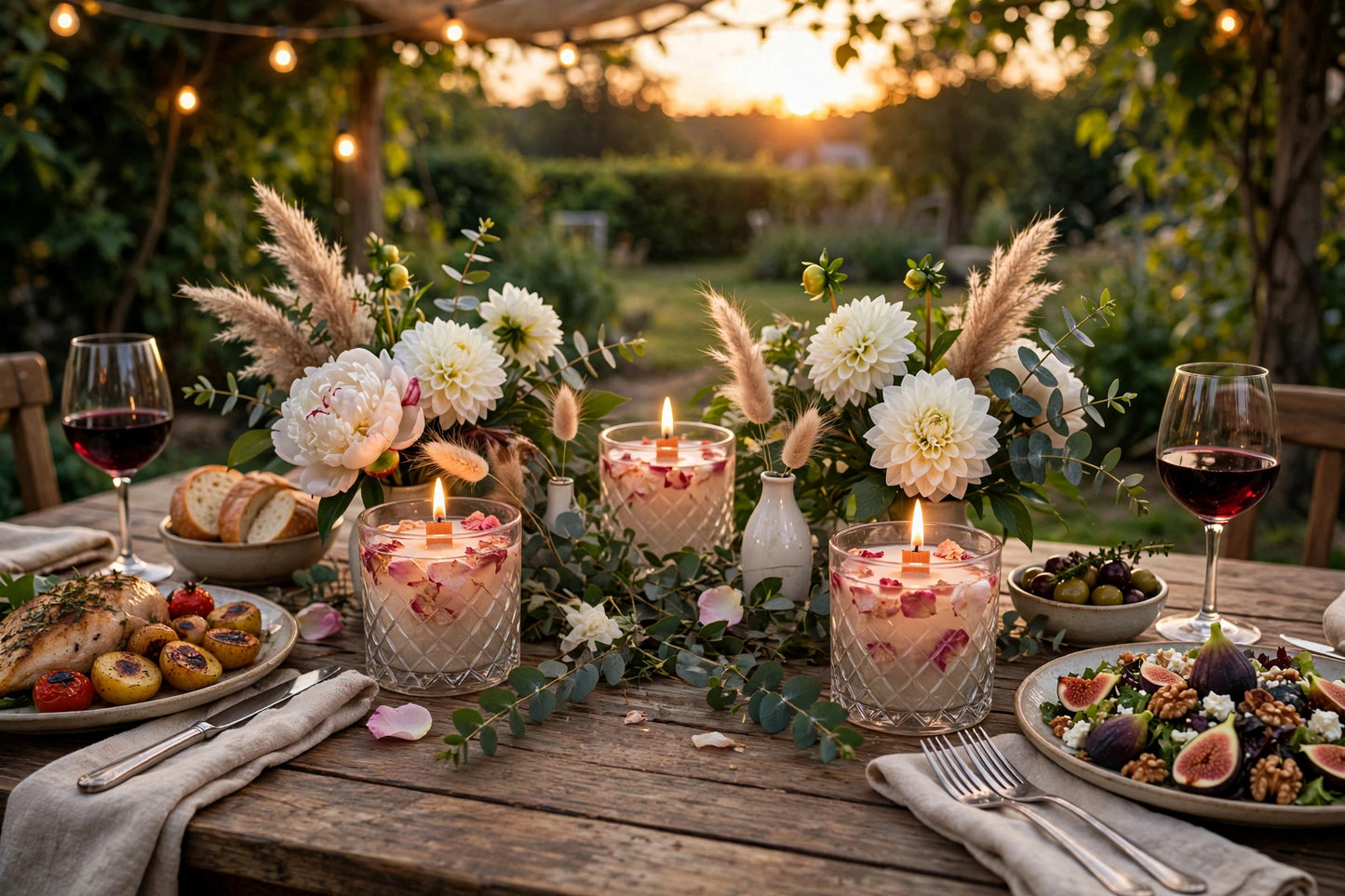 Handmade Rose Petal Water Candle - Floating Candle in Vintage Cut Mason Jar - Cozy Table Centerpiece