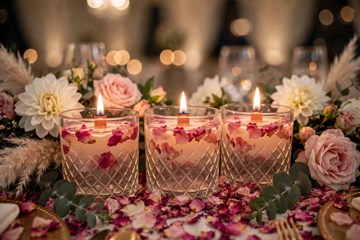 Handmade Rose Petal Water Candle - Floating Candle in Vintage Cut Mason Jar - Cozy Table Centerpiece