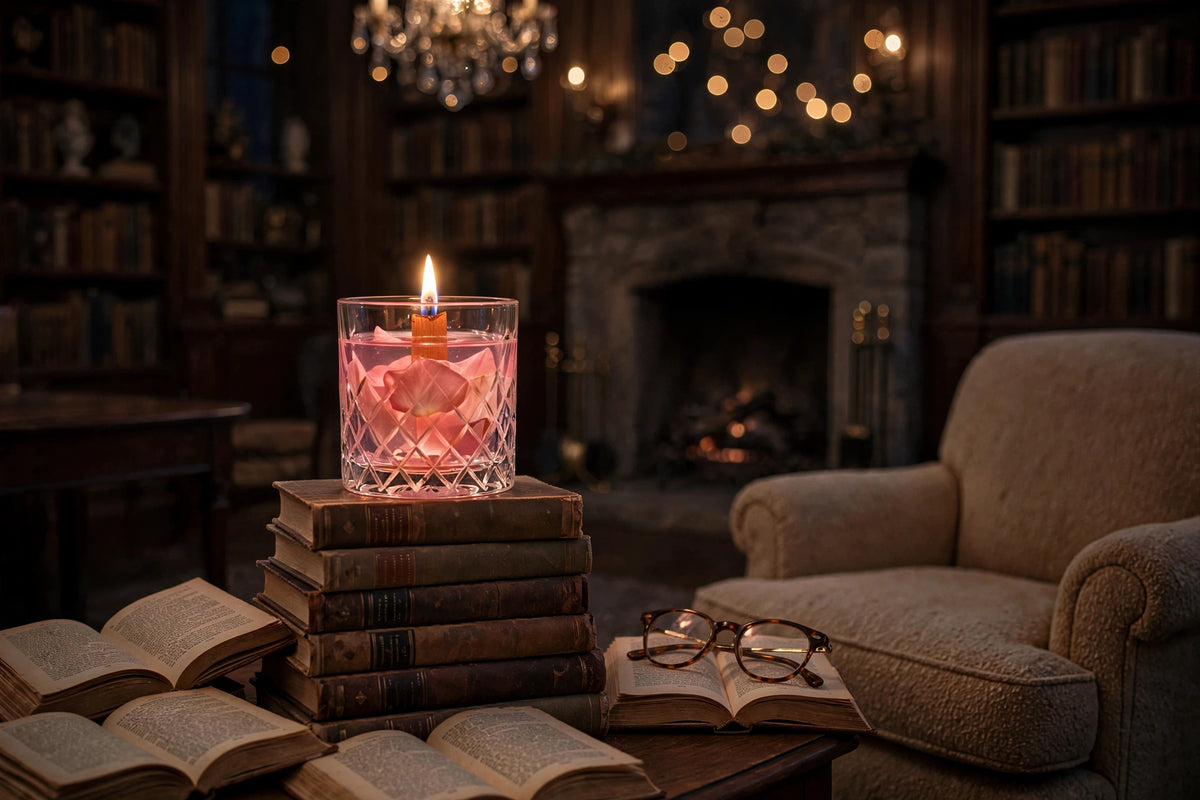 Handmade Rose Petal Water Candle - Floating Candle in Vintage Cut Mason Jar - Cozy Table Centerpiece