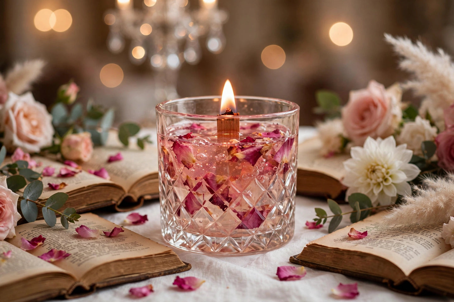 Handmade Rose Petal Water Candle - Floating Candle in Vintage Cut Mason Jar - Cozy Table Centerpiece